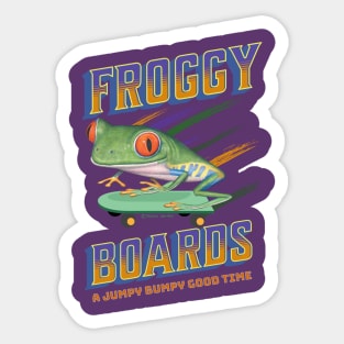 Cute and Funny Froggy Boards with a Red eyed Tree Frog riding a skateboard having a jumpy bumpy good time Sticker